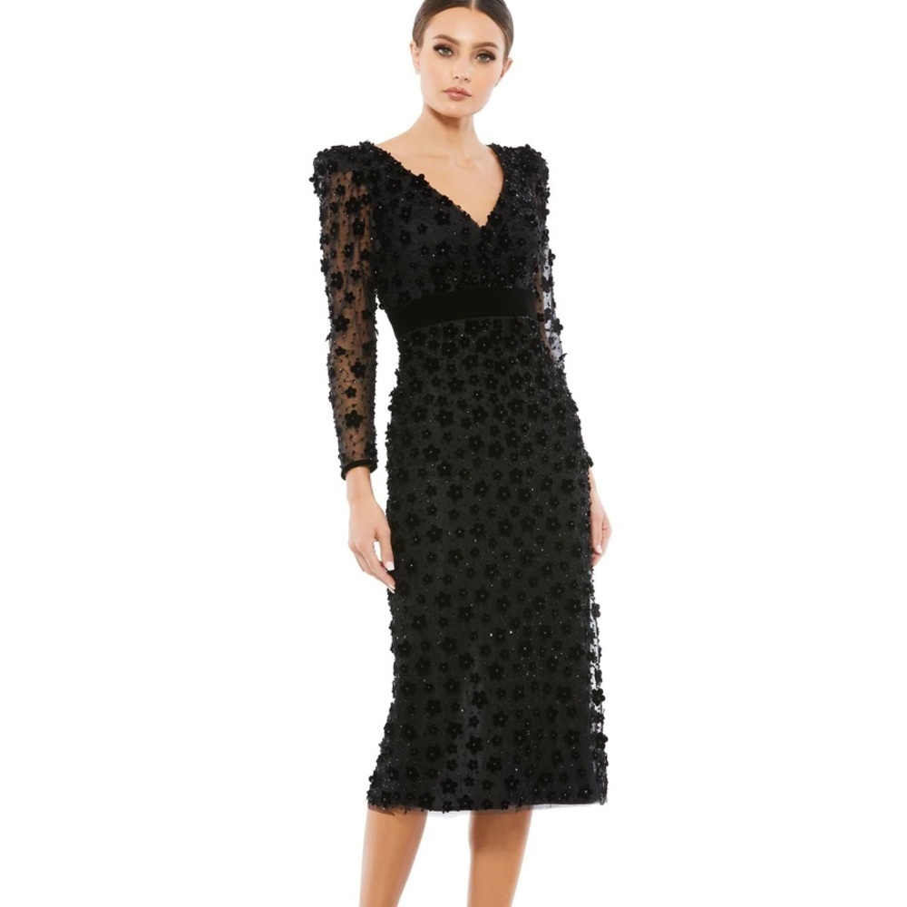 Mac Duggal Floral Embellished V-Neck Illusion Long-Sleeve Midi-Dress Style 67856